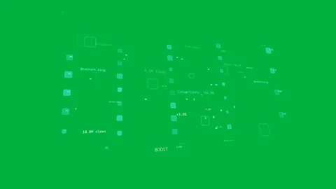 Tilt starting turquoise 3D network rotating nodes pulsing labels showing metrics Stock Footage 329532194