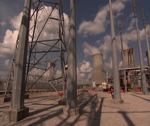 Tilt up, then down exterior of Vogtle Electric Generating Plant Stock Footage 86693126