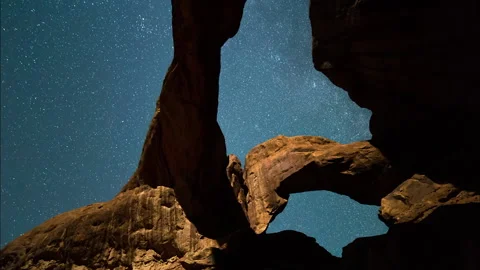 Tilt Up Time Lapse Shot Of Starry Sky Above Natural Rock Formations At Famous Stock Footage 160315009