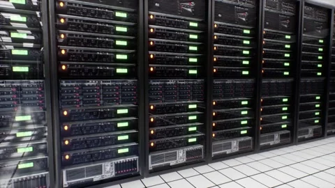 A Tilt up towards server racks in room Stock Footage 155300860