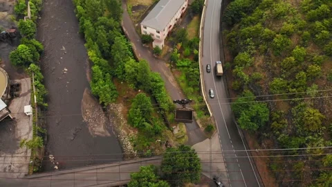 Tilt up view both direction ropeway with moving old metal containers in Minin Stock Footage 158221880