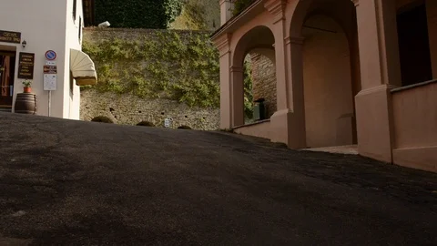 Tilt up view on the Castle of Serralunga d'Alba, Langhe, Cuneo, Piedmont, Italy. Stock Footage 92197905