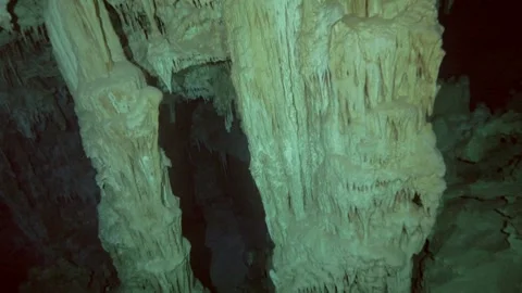 Tilt view of tall cave column formation underwater Stock Footage 331788562