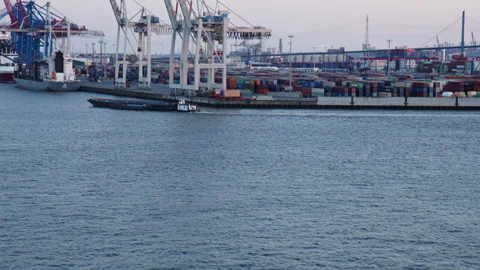Tilt up from Water of Elbe River onto Container Ships being loaded in the busy Stock Footage 181867644