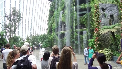 Tilt of Waterfall at Cloudforest, Gardens by the Bay, Singapore Stock Footage 130701840