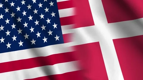 Tilted Close-Up of Denmark and USA Flags Merging with a Streaked Blend Stock Footage 346105172
