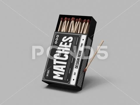 Tilted Open Matchbox Packaging Mockup with Matches on Gray Background PSD Template