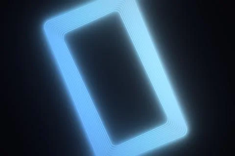 A tilted rounded rectangle formed by nested cyan-blue light lines glows aga.. Stock Illustration