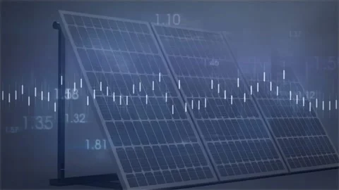 Tilted solar array showing orange line and numeric overlays on data pulse Stock Footage 334185103