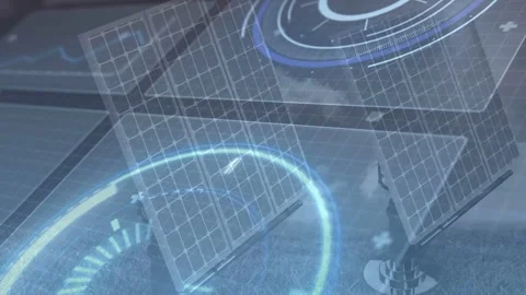 Tilted solar panel array running scan, showing rotating HUD rings, sweep, gauges Stock-Footage 334115526
