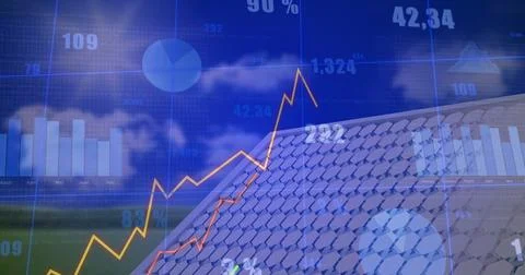 Tilted solar panel with hexagonal cells displaying yellow line graph and bar Stock Photos