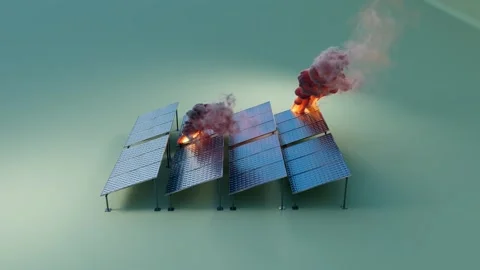 Tilted Solar Panels On Fire With Red Toxic Smoke Stock Footage 336589299