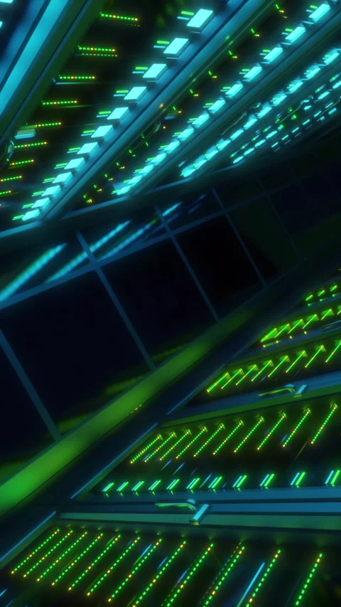 Tilted View of Data Center Computer Server Room Processing Digital Information Stock Footage 329029804