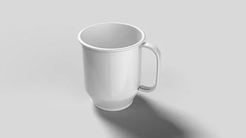 Tilted white mug on white backdrop, handle view Illustrazione stock