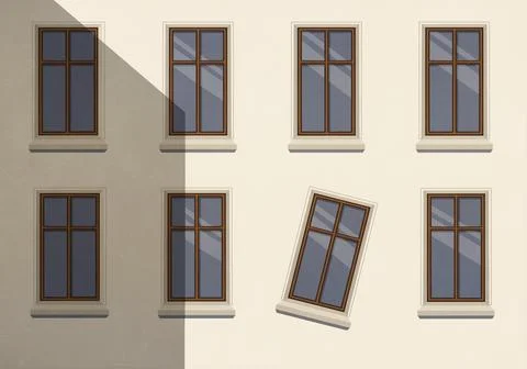 Tilted window on sunny building wall Ilustración de archivo
