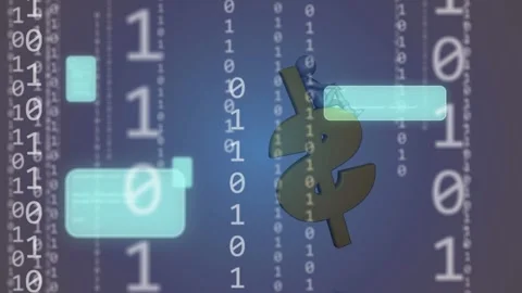 Tilting dollar starting binary rain rotating with blue avatar sitting HUD Stock Footage 335211675
