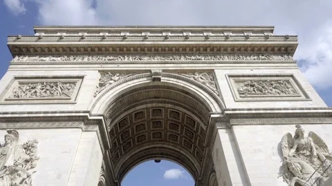 Tilting down from Arc de Triomphe to street - low upward angle - Paris France Stock Footage 93814663