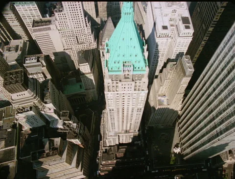 Tilting down over building in lower Manhattan 1989 Stock Footage 136122388