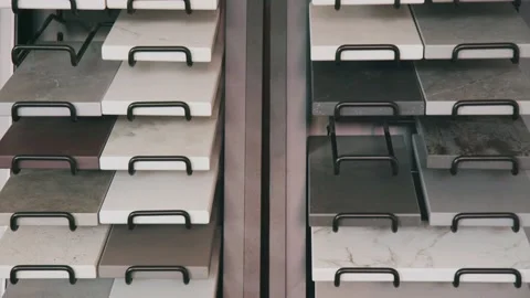 Tilting Down at a Shops Luxury Marble Countertop Sample Options Stock Footage 140580848