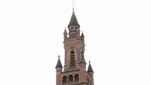 Tilting down from tower of Peace Palace in The Hague. It houses the Stock Footage 113570787