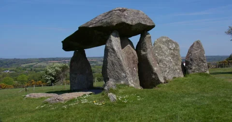 Tilting down wide shot of pentre Ifan Burial chamber at Nevern Stock Footage 316363952