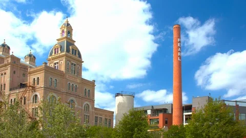 Tilting Up to the Pearl Brewery with San Antonio TX Visitors Stock Footage 111234341