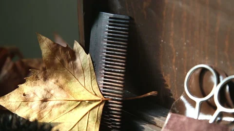 Tilting shot of a beard retro kit  composed by comb, brush  and earwigs Stock-Footage 55769473