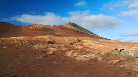 Timanfaya Volcanic Landscape Tracking Shot Wide Angle Bright Colored Volcano 4K Video stock 101490859