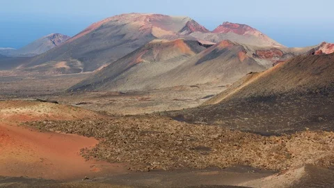 Timanfaya Volcanic Landscape Tracking Shot Long Lens Valley of Volcanoes 4K Video stock 101490955