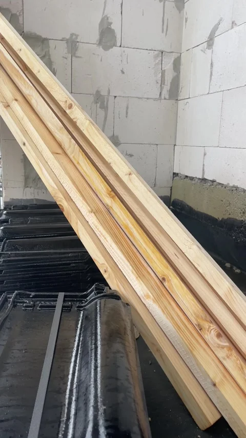 Timber Beams Placed For Roofing, Lumber Planks Arranged On Scaffold For Roofing Stock-Footage 323625361