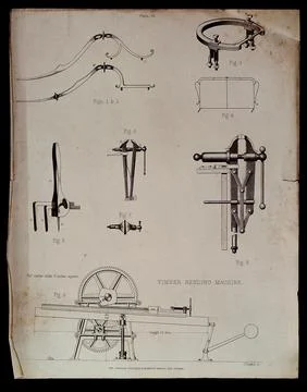 A timber bending machine (below), various pincers, vices, and bits [?] (abo.. Illustrazione stock