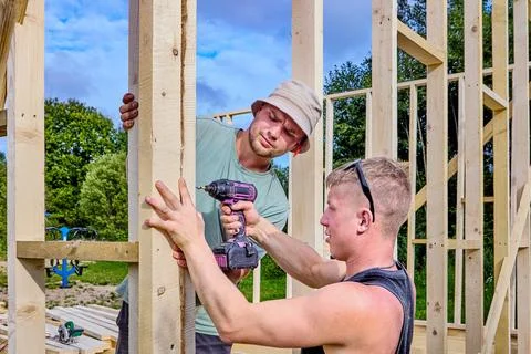 Timber frame construction, platforms fastened with screws, construction wor.. Stock Photos