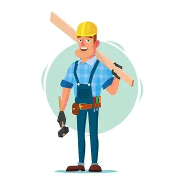 Timber Frame House Construction Worker Vector. Construction Worker On Framing A Illustrazione stock