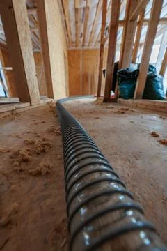 Timber frame house insulation with wood fibre loose fill install 스톡 사진