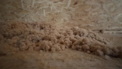 Timber frame house shell with wood fibre loose fill insulation pan Vídeo Stock 327941144