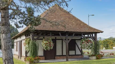 Timber framed building with pointed tile roof Stock Photos
