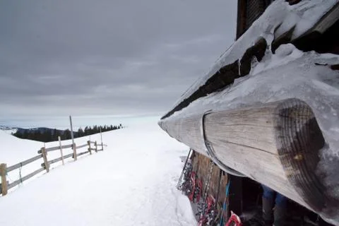 Timber gutter mountain lodge Stock Photos