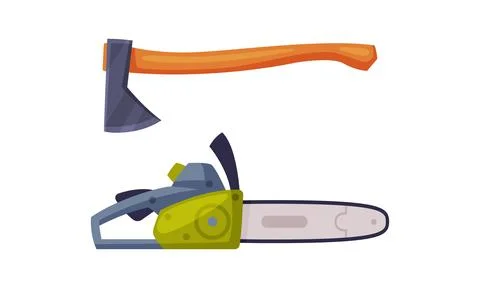 Timber industry tools set. Axe and chainsaw for woodworking vector illustration Stock Illustration