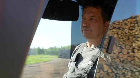 Timber loader driver unloads timber into a stack Stockbeeldmateriaal 294059841
