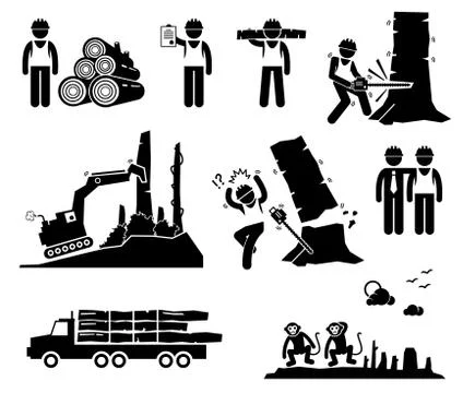 Timber Logging Worker Deforestation Stick Figure Pictogram Icons Stock Illustration