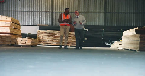 Timber, men or talk with clipboard in warehouse for production oversight, stock Stock Footage 341389403
