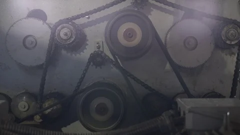 Timber mill. View of gears and chain rotate Video stock 69787807