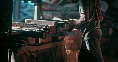 Timber Mill with Workers Cutting and Shaping Wood Stock Footage 320945242