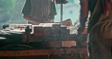 Timber Mill with Workers Cutting and Shaping Wood Stock Footage 320945280