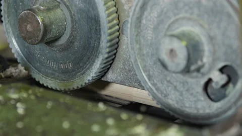 Timber Plank Moves Between Turning Mechanisms Of Wood Processing Machine Stock Footage 233167549
