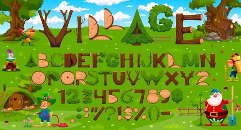 Timber type letters, cartoon forest wood log font Stock-Illustration
