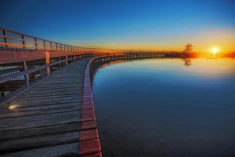 Timber walkway surrounding Eastern Beach Swimming Enclosure, Geelong, Austral Stock Photos