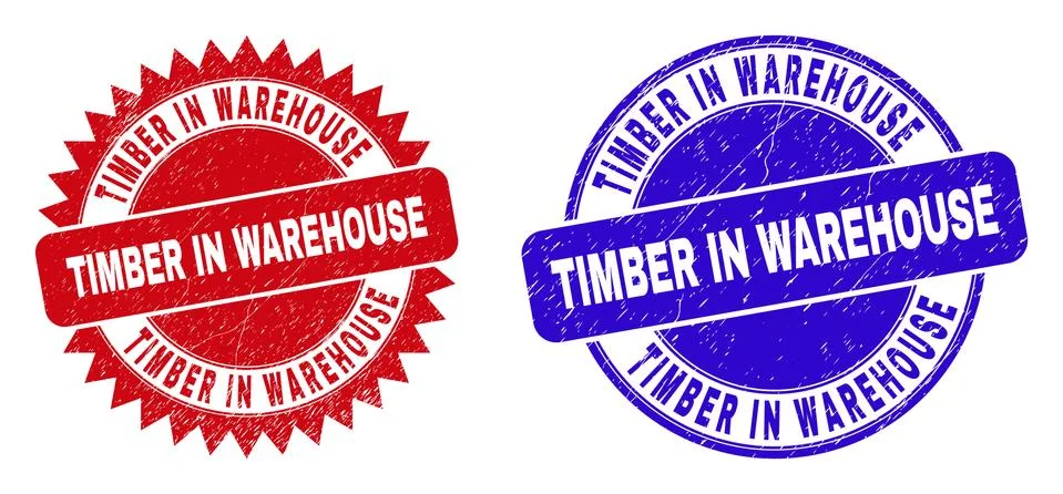 TIMBER IN WAREHOUSE Round and Rosette Seals with Grunged Texture Stock Illustration