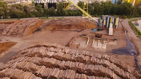 Timber yard with a woodchip pile &amp; a loader feeding chips into a pit Stock Footage 344745088