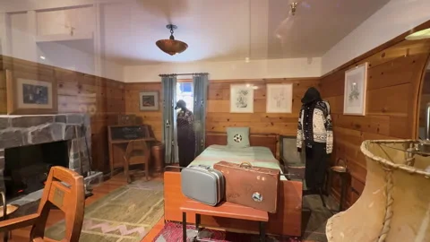 Timberline Lodge museum interior panning shot showing historic guest quarters Stock Footage 344994092